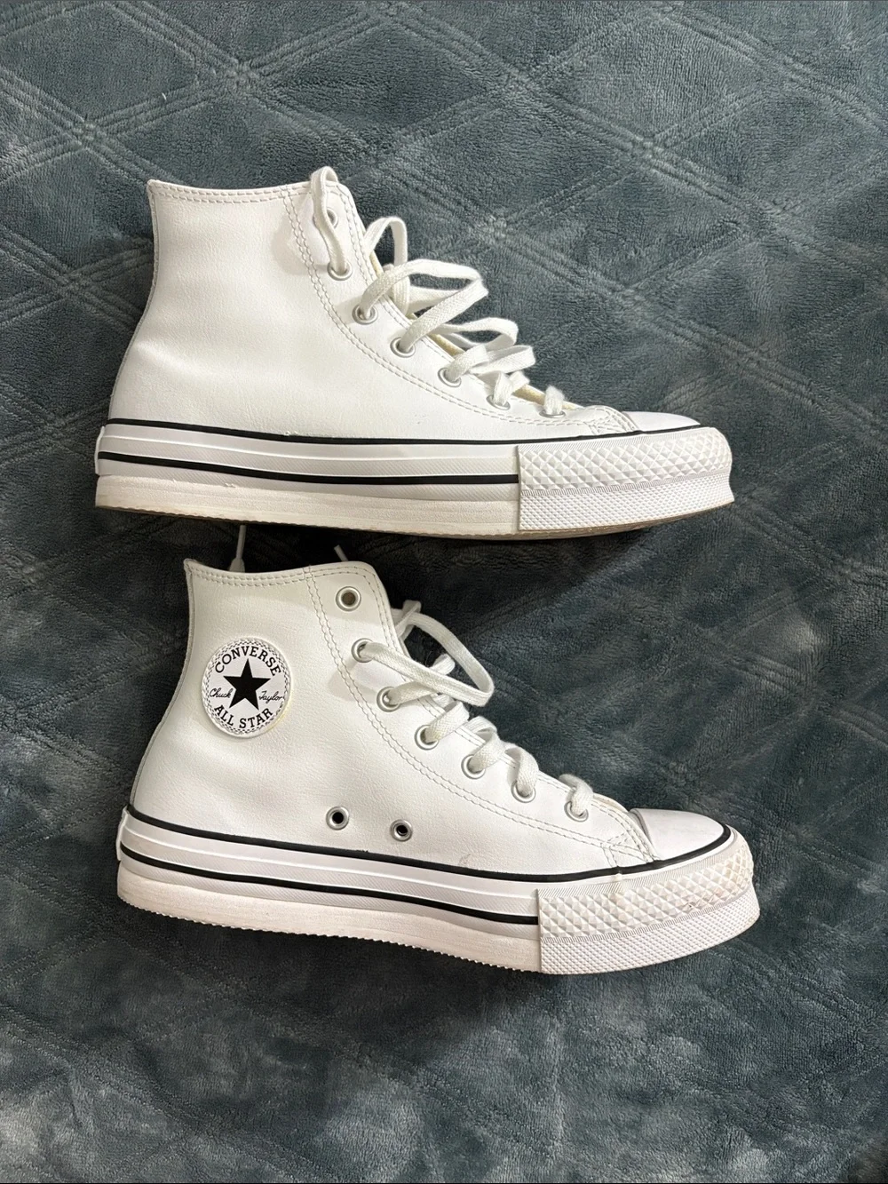 Converse White High-Top Leather Sneakers with Black Stripe